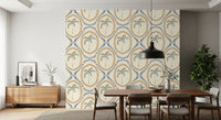 dining room displaying a retro Oasis wallpaper motif.