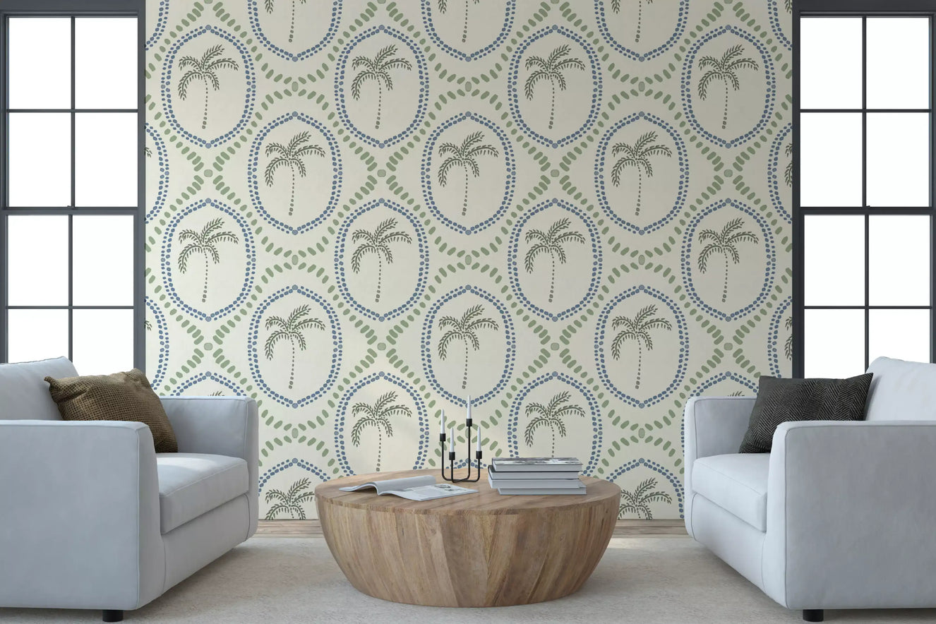 Beachy Boho Palm Oasis Skiferblå & Kystgrønn Tapet⁠