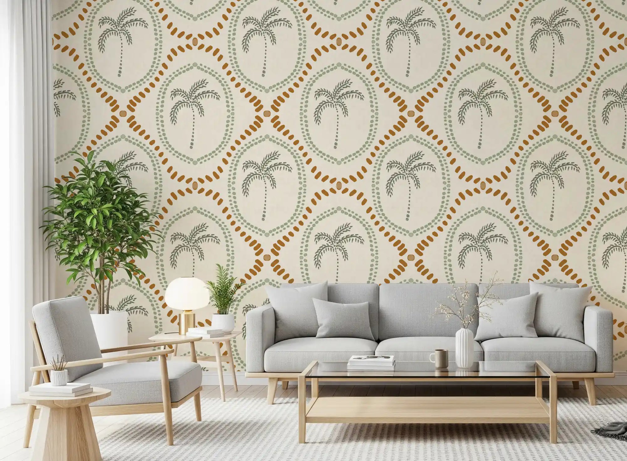 Living room styled with the beachy boho palm oasis wallpaper.