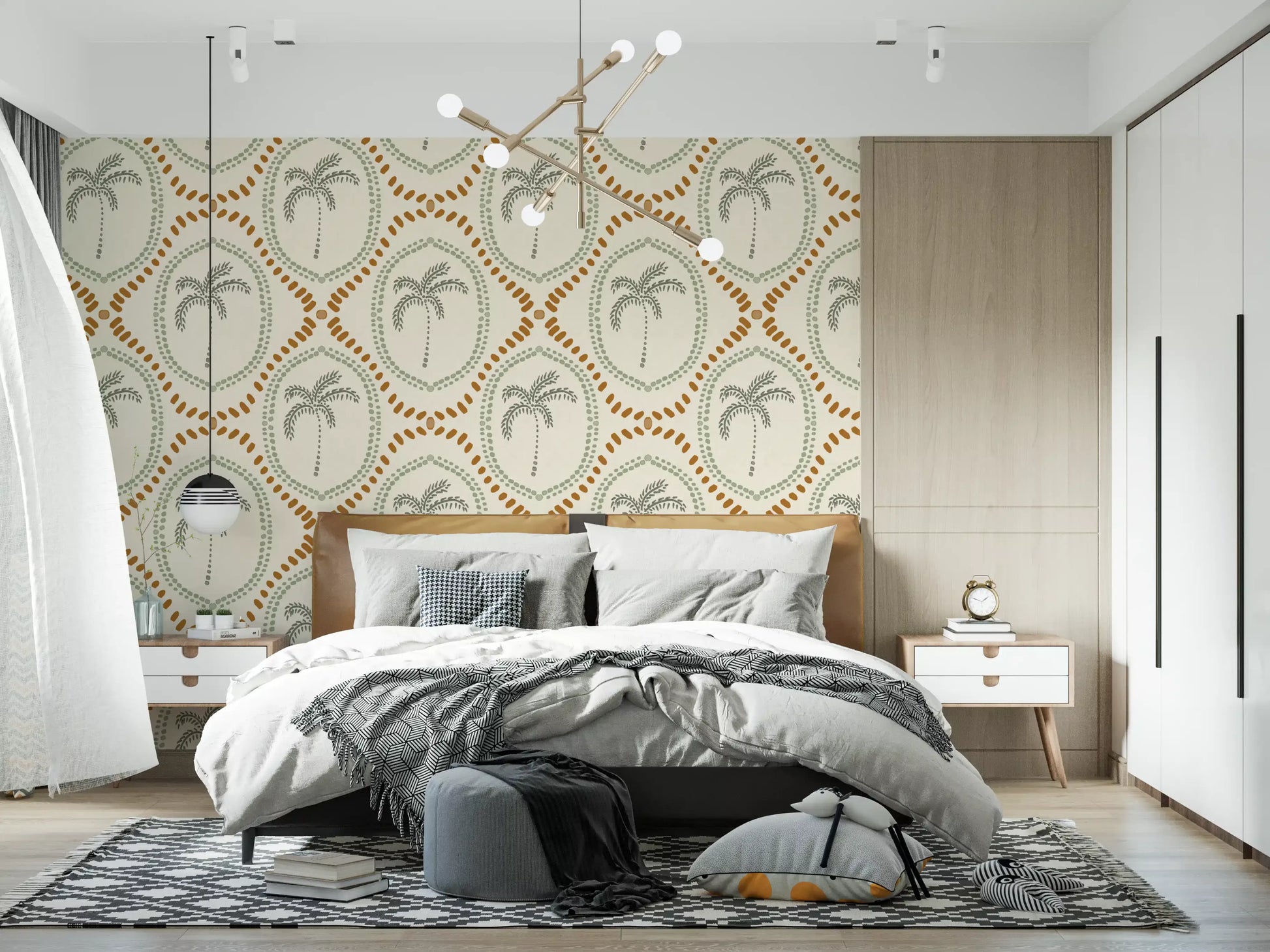 Painted botanical branches repeat over this golden wallpaper base.
