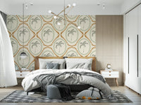 Painted botanical branches repeat over this golden wallpaper base.