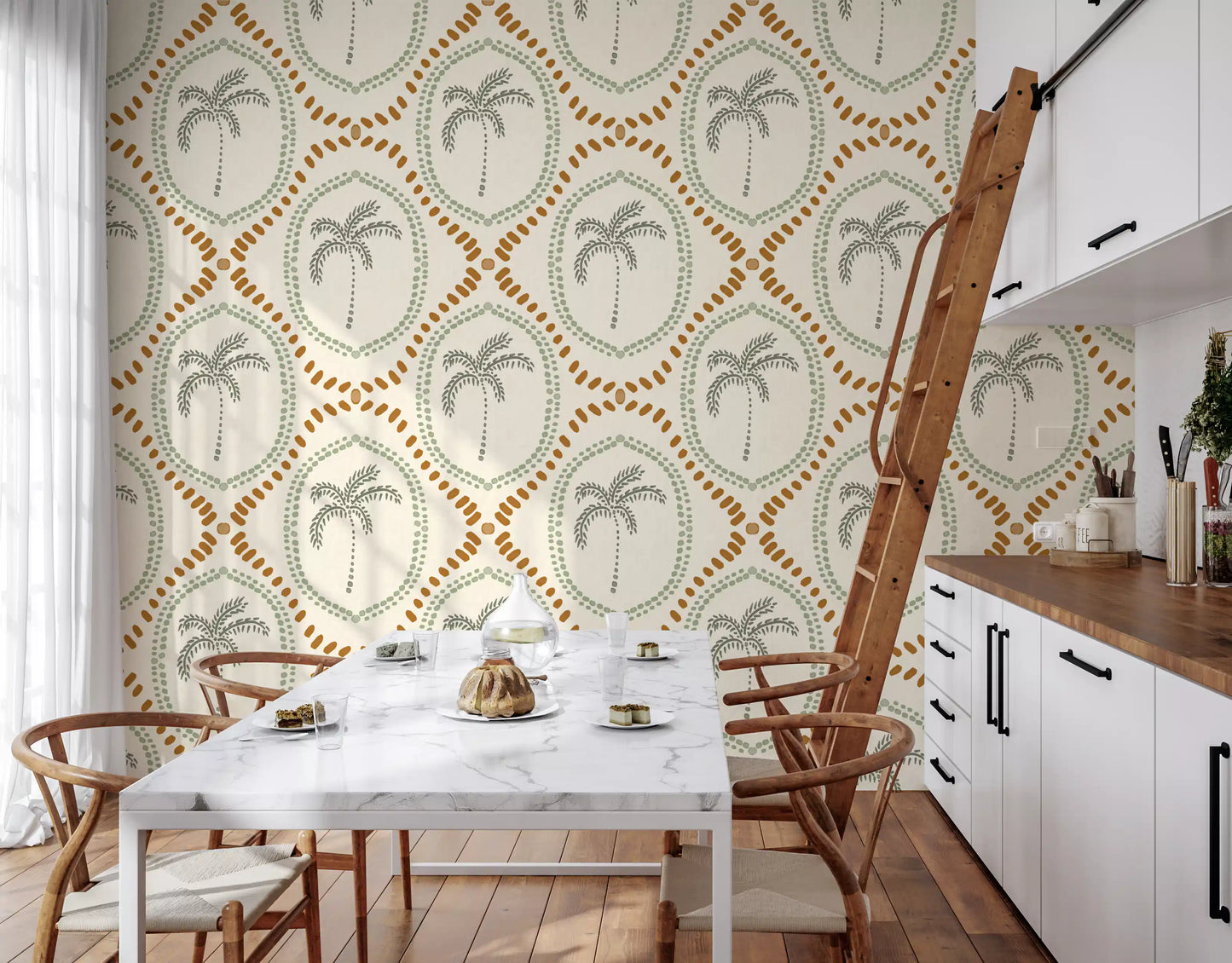 Golden dotted borders frame the coastal green wallpaper layout.