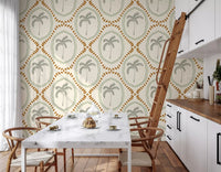 Golden dotted borders frame the coastal green wallpaper layout.