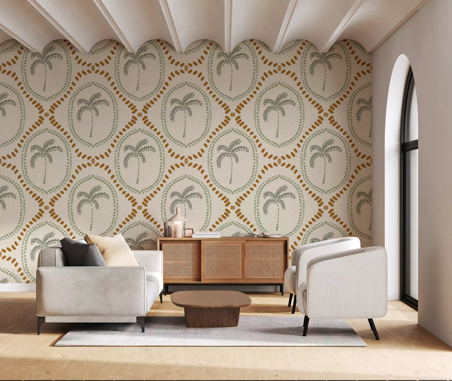 Relaxing living room highlighting this beachy green and golden wallpaper.