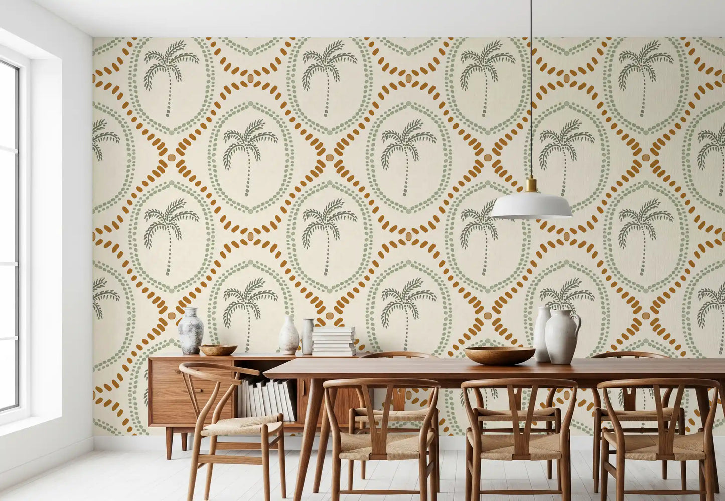 Dining layout paired with the coastal green and golden wallpaper.