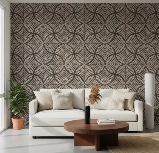 Charcoal Brown Textured Scallops Fan Japandi Wallpaper styled in a modern living room.