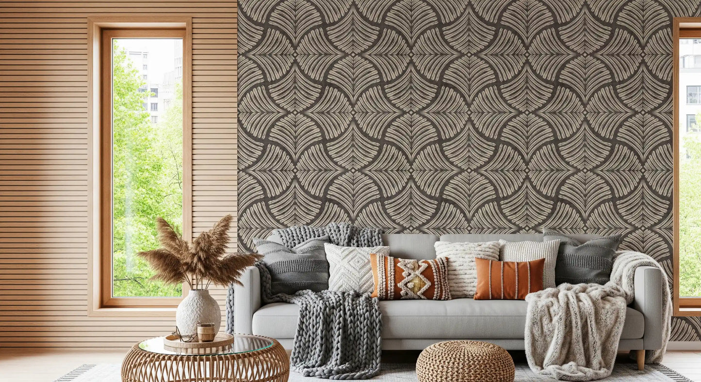 Tapeta Japandi z teksturowanymi wachlarzami w kolorze węgiel brązowy