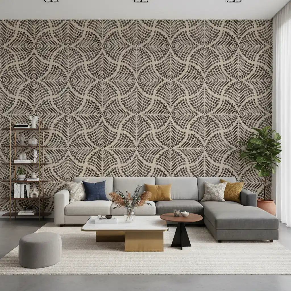 Papier peint minimaliste Japandi éventail à écailles texturées marron foncé