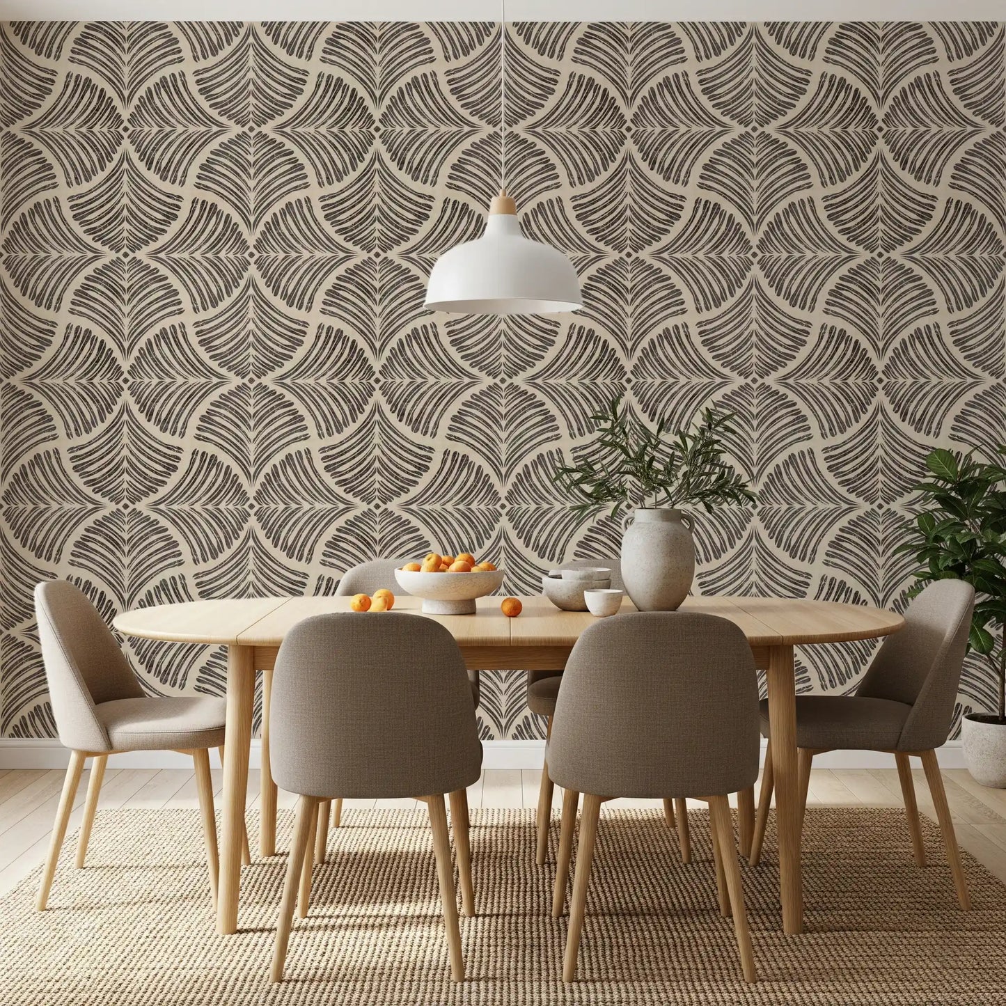 Papier peint minimaliste Japandi éventail à écailles texturées marron foncé