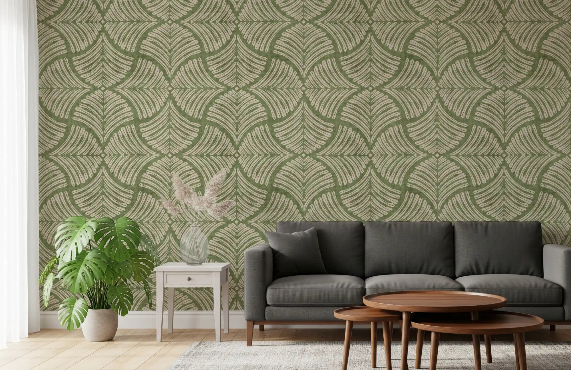 Large living room with the Moss Green Textured Scallops Fan Japandi Minimalist Wallpaper
