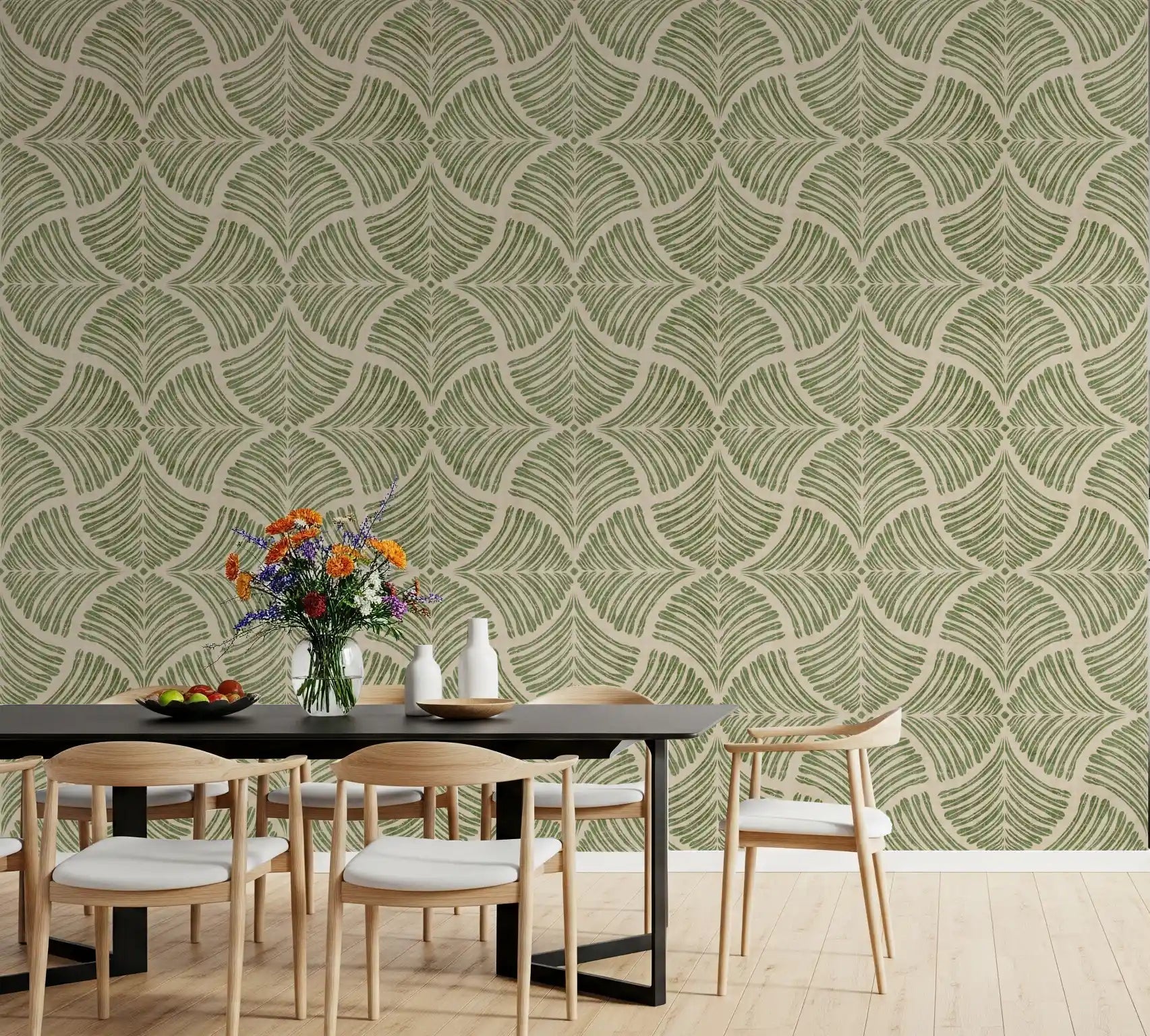 Olive fan motif anchoring a serene dining room as Japandi-style wallpaper.