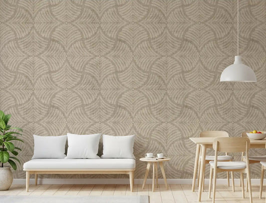 Mirrored fan pattern wraps a Dining room in Sand Beige Scallops Fan wallpaper.