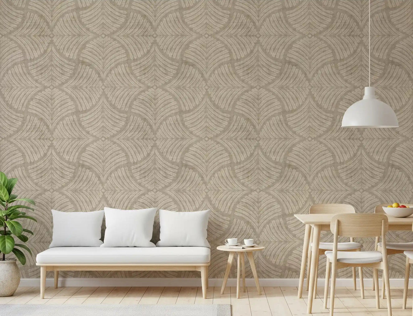 Mirrored fan pattern wraps a Dining room in Sand Beige Scallops Fan wallpaper.