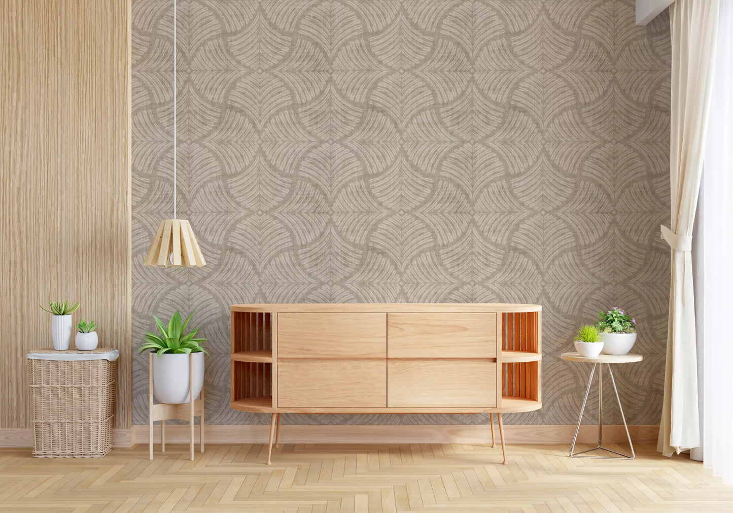 Zandbeige Gestructureerde Schaalvormige Waaier Japandi Minimalistische Behang⁠
