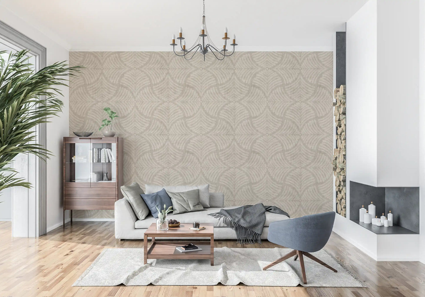 Zandbeige Gestructureerde Schaalvormige Waaier Japandi Minimalistische Behang⁠