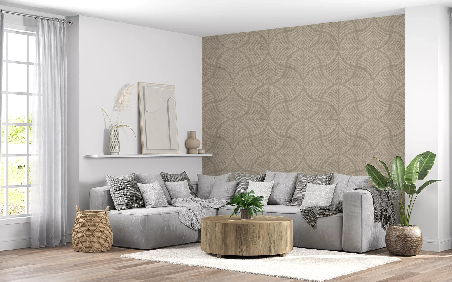 Zandbeige Gestructureerde Schaalvormige Waaier Japandi Minimalistische Behang⁠