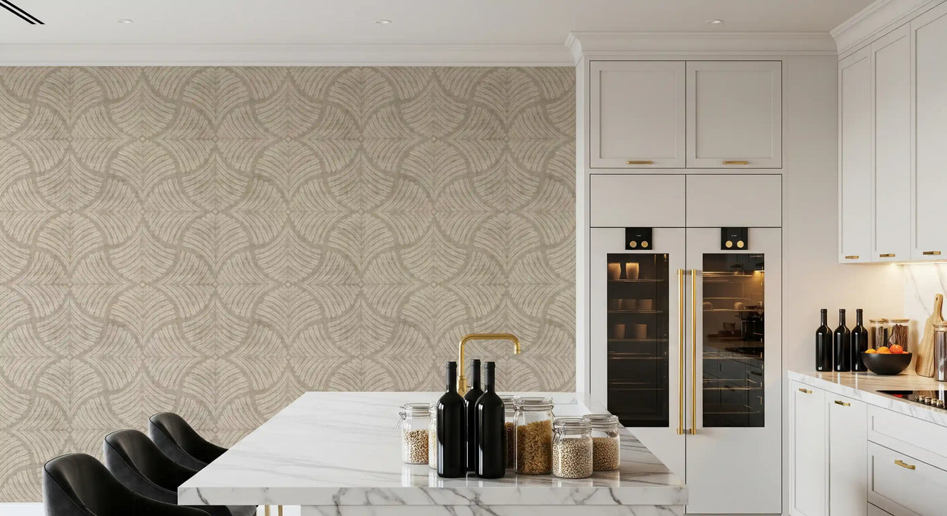 Tonal beige fans quiet a Kitchen and dining room as the Textured Scallops Fan wallpaper backdrop.
