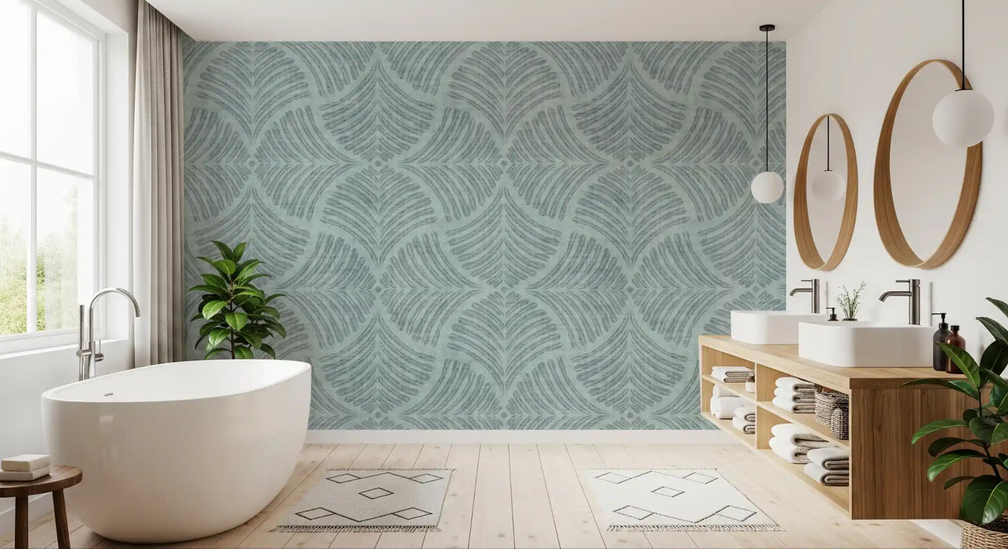 Papel de Parede Japandi Minimalista com Leque de Escamas Texturizadas Azul Suave