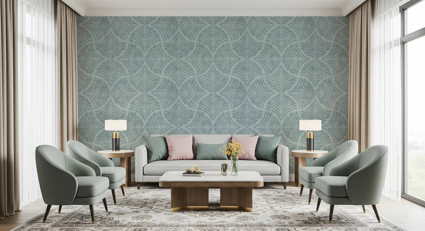Papel de Parede Japandi Minimalista com Leque de Escamas Texturizadas Azul Suave
