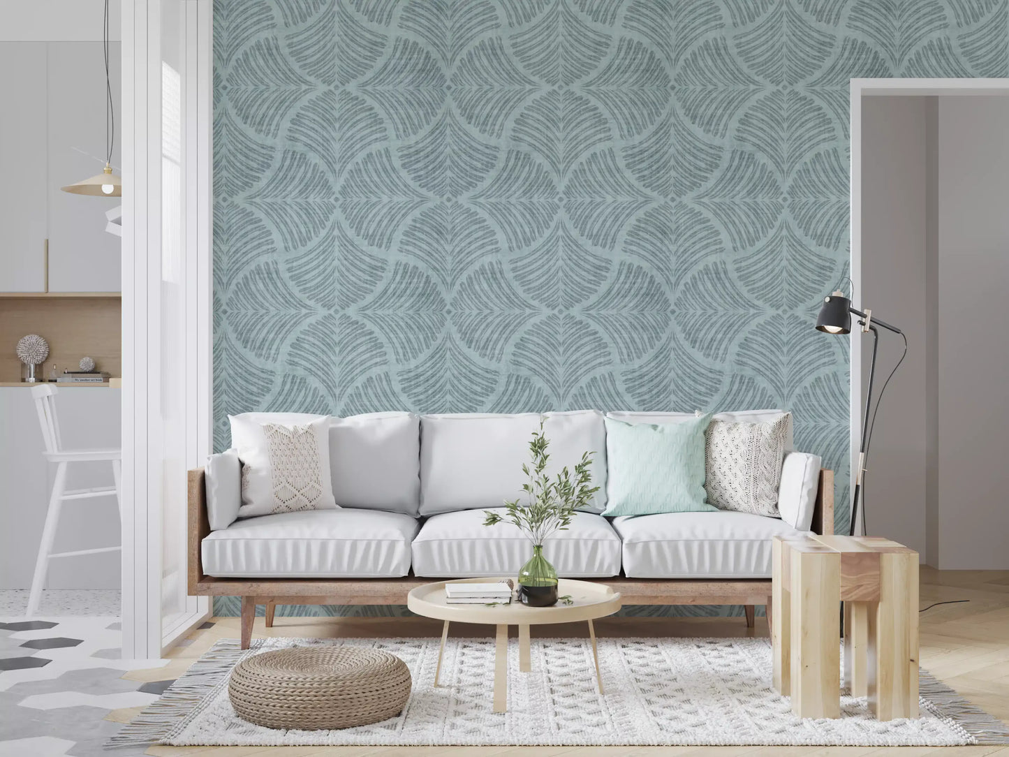Papel de Parede Japandi Minimalista com Leque de Escamas Texturizadas Azul Suave