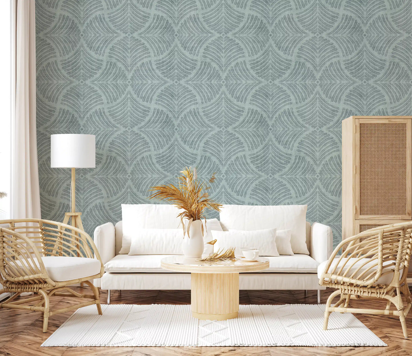 Papel de Parede Japandi Minimalista com Leque de Escamas Texturizadas Azul Suave