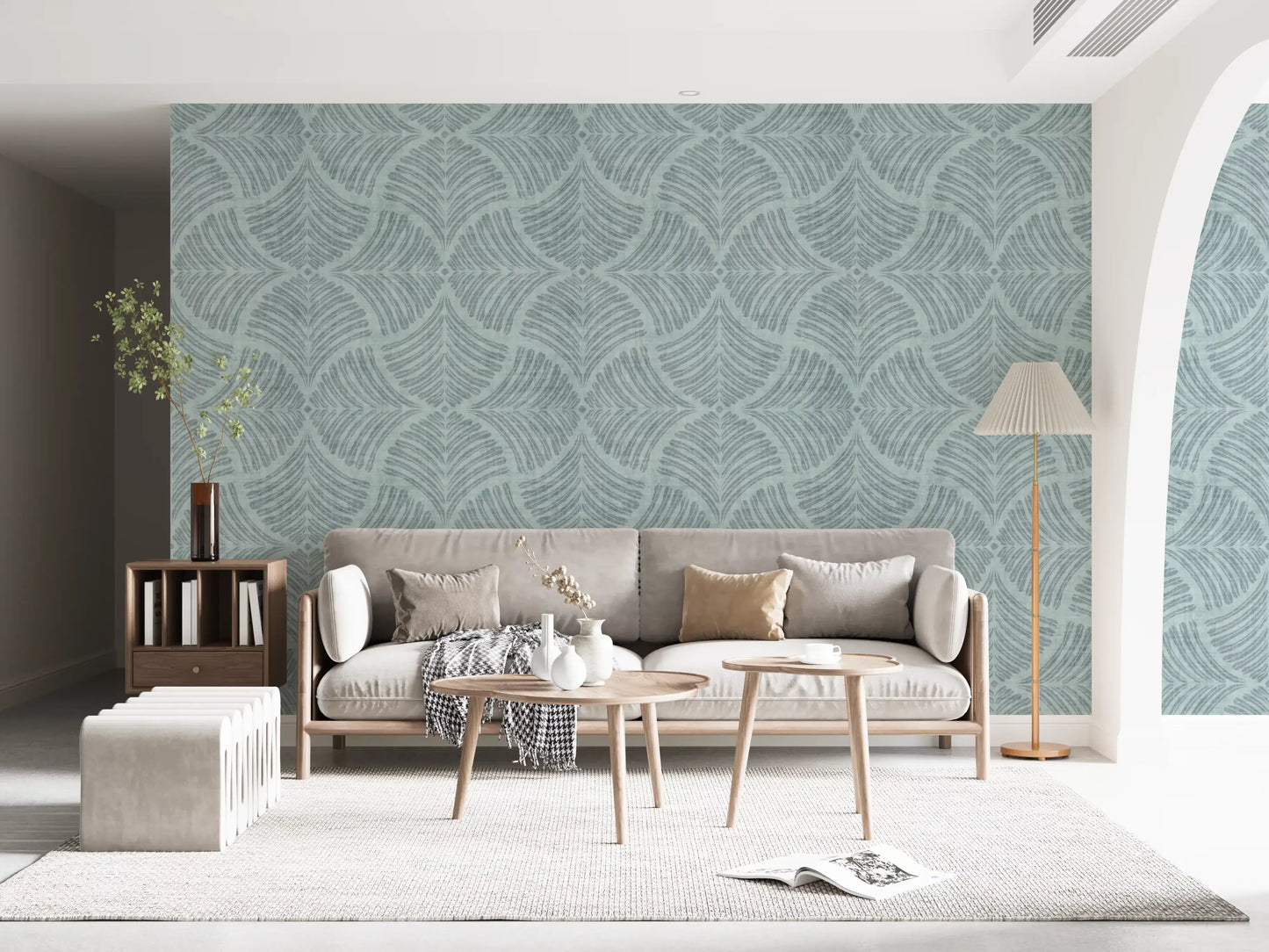 Papel de Parede Japandi Minimalista com Leque de Escamas Texturizadas Azul Suave