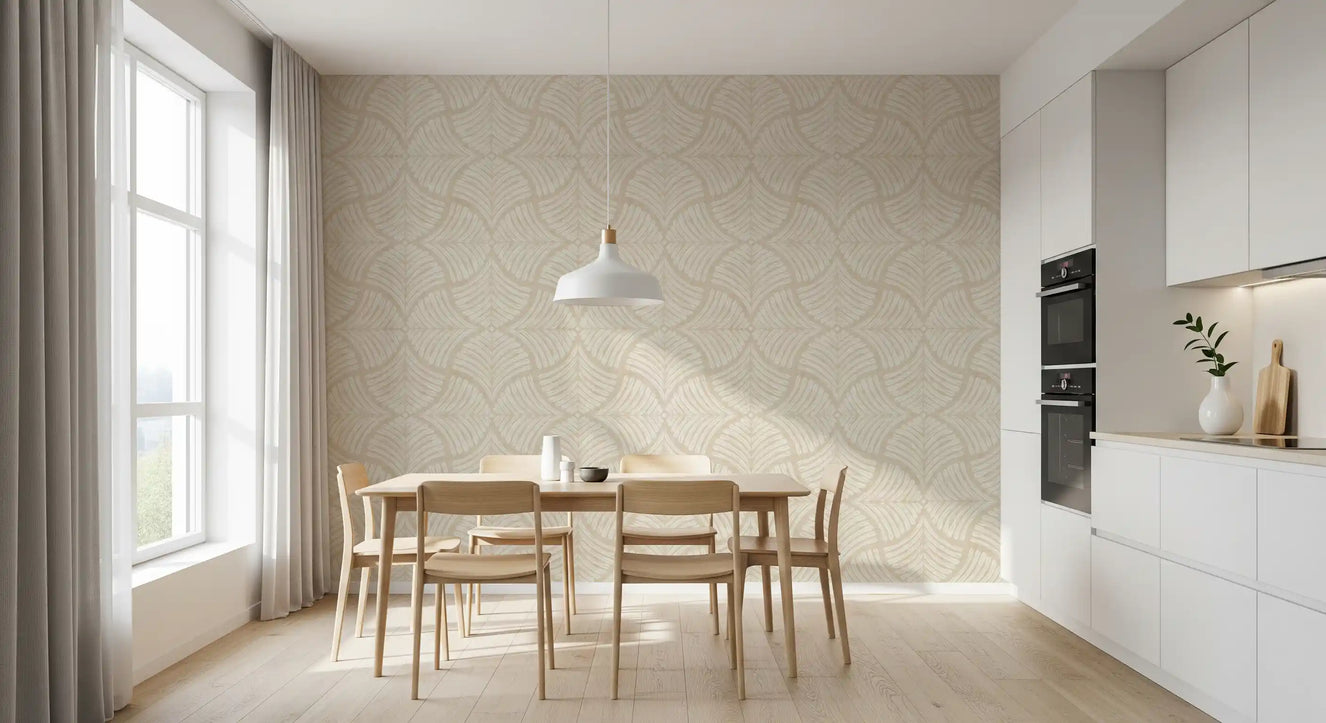 Minimalist dining area framed by textured cream fan scallops wallpaper.