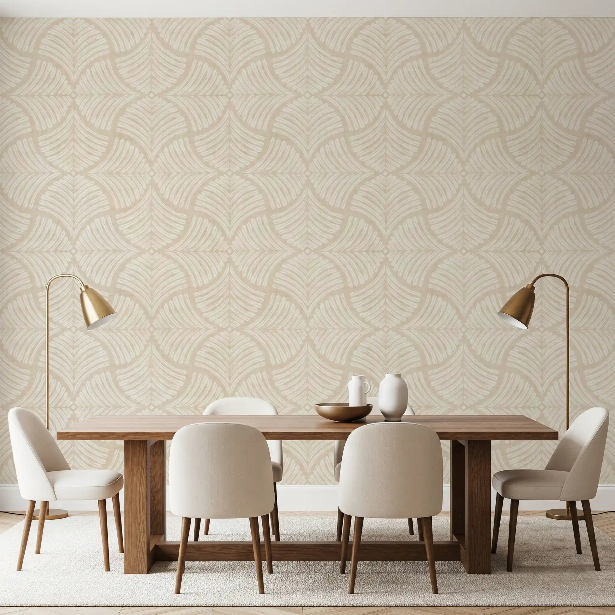 Warm cream scallop fan wallpaper wraps a calm Japandi dining room.