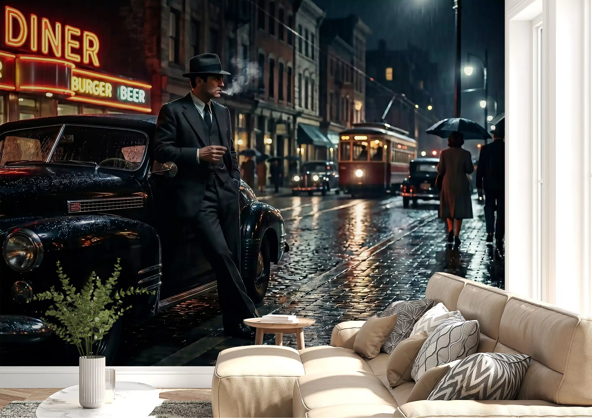 Large living room enhanced by the Rainy City Noir Wall Mural.