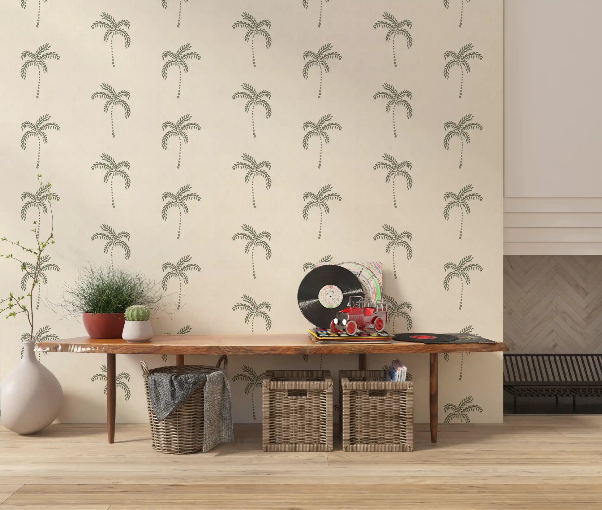 Hallway area enhanced by a botanical Tropical wallpaper pattern.