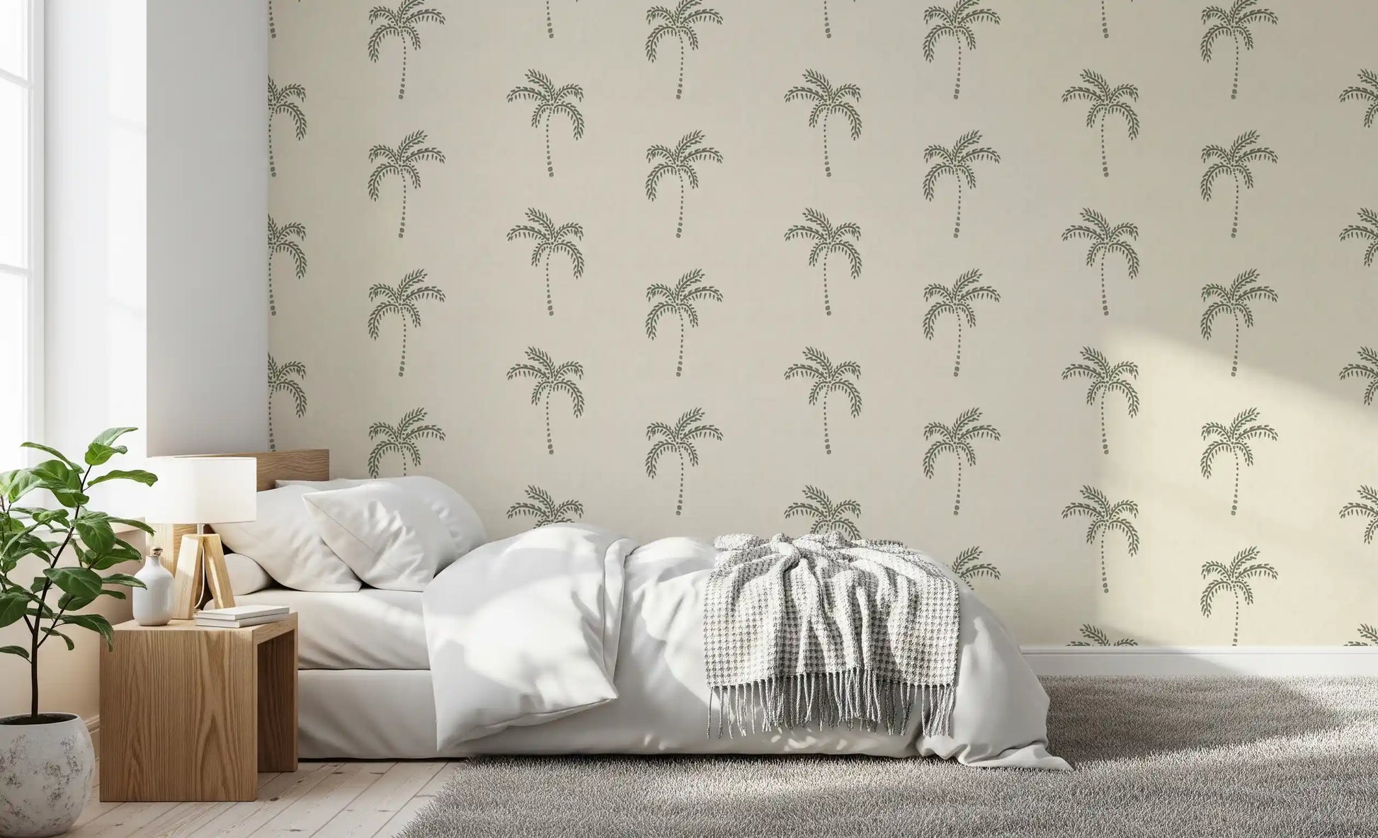 Minimalist Palms wallpaper placed inside a calm bedroom setting.