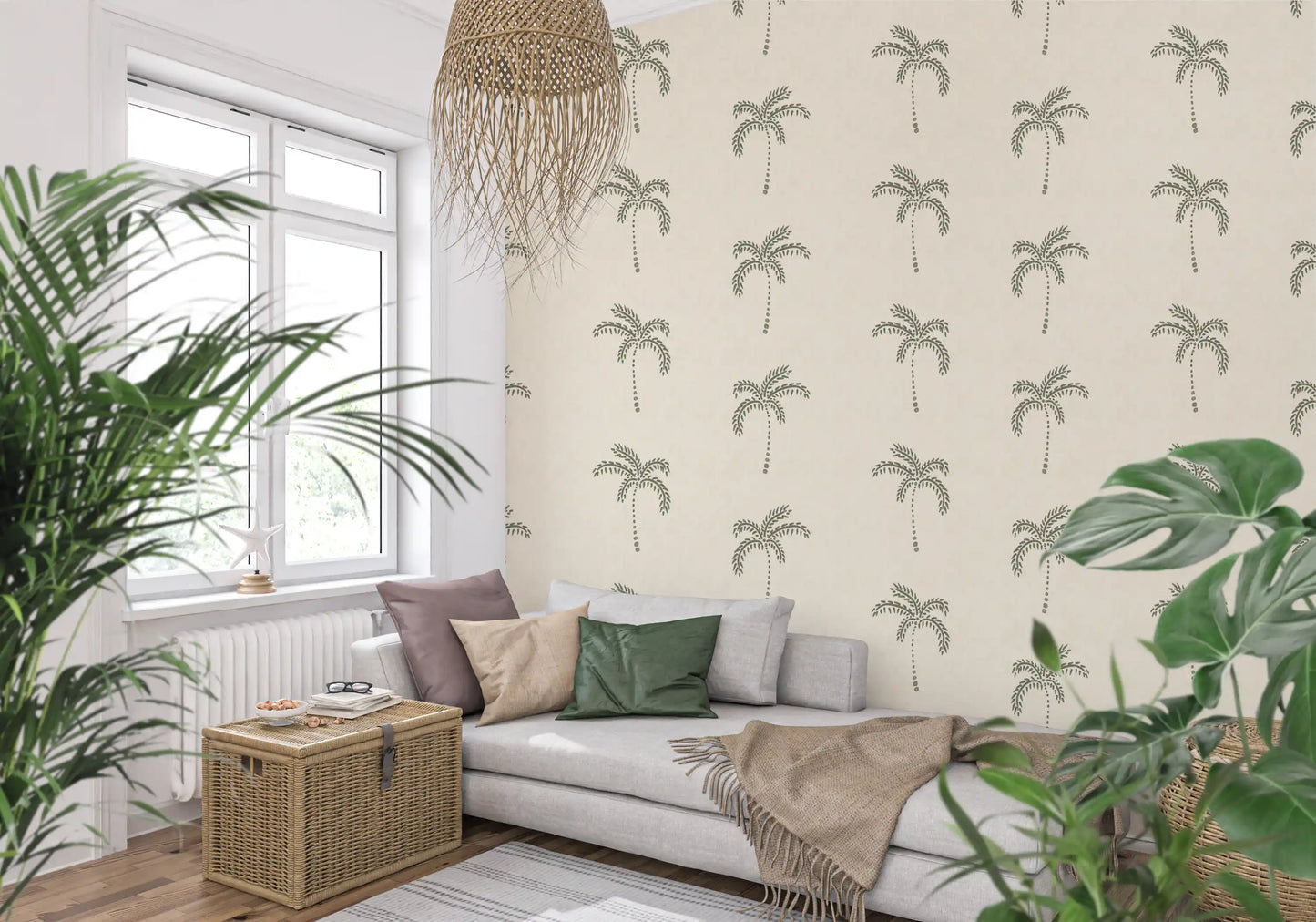 Gentle botanical sketches flow across the light Palms wallpaper.