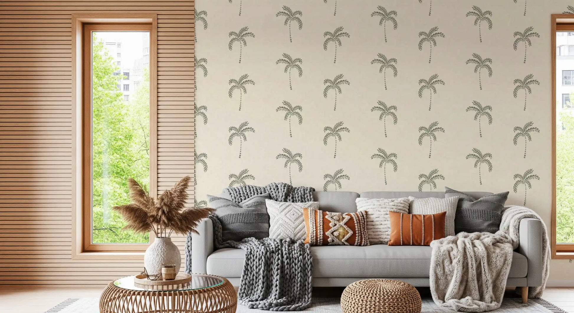 Bright living room background wearing a beige Palms wallpaper.
