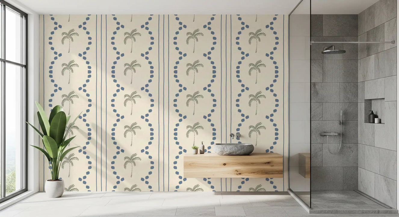Tropical Palm Deco Stripes Slate Blue Wallpaper⁠
