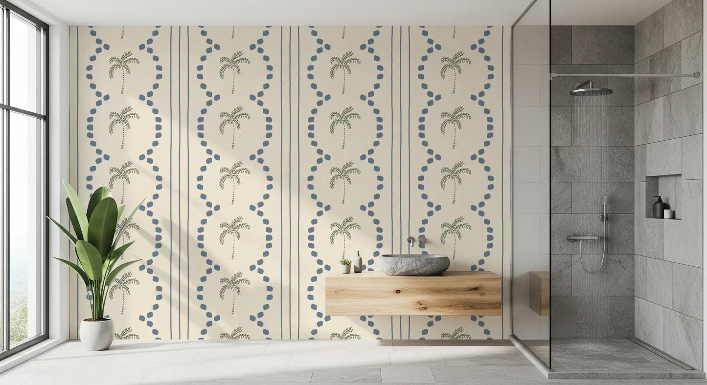 Papier peint rayures déco palmier tropical bleu ardoise