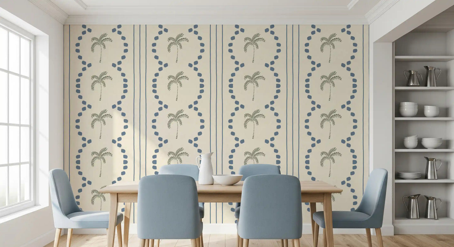 Papier peint rayures déco palmier tropical bleu ardoise