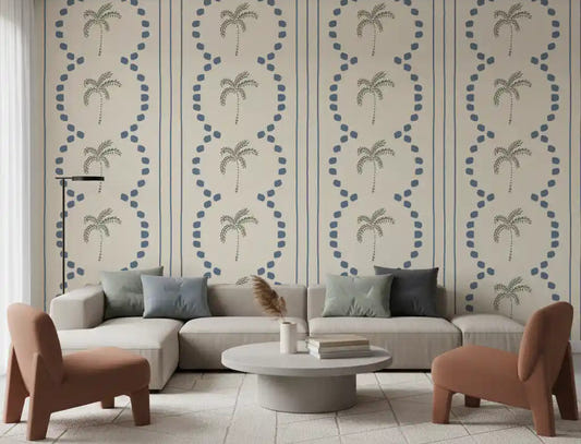 Large living room enhanced by the Tropical Palm Deco Stripes Slate Blue Wallpaper.