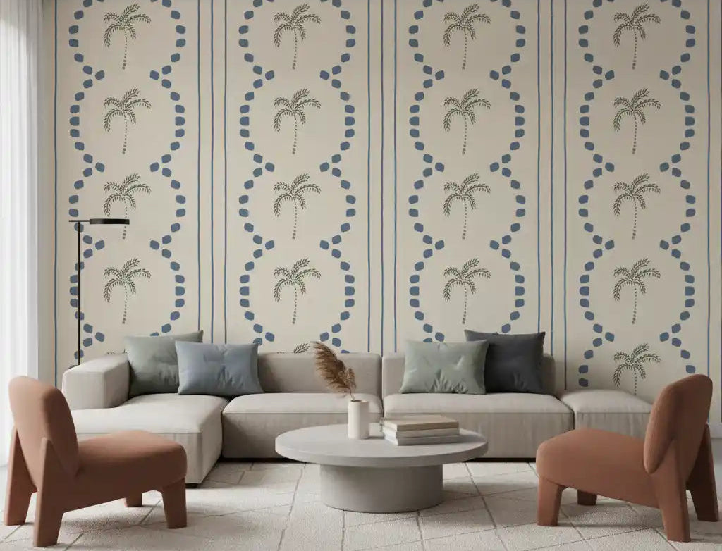 Papier peint rayures déco palmier tropical bleu ardoise