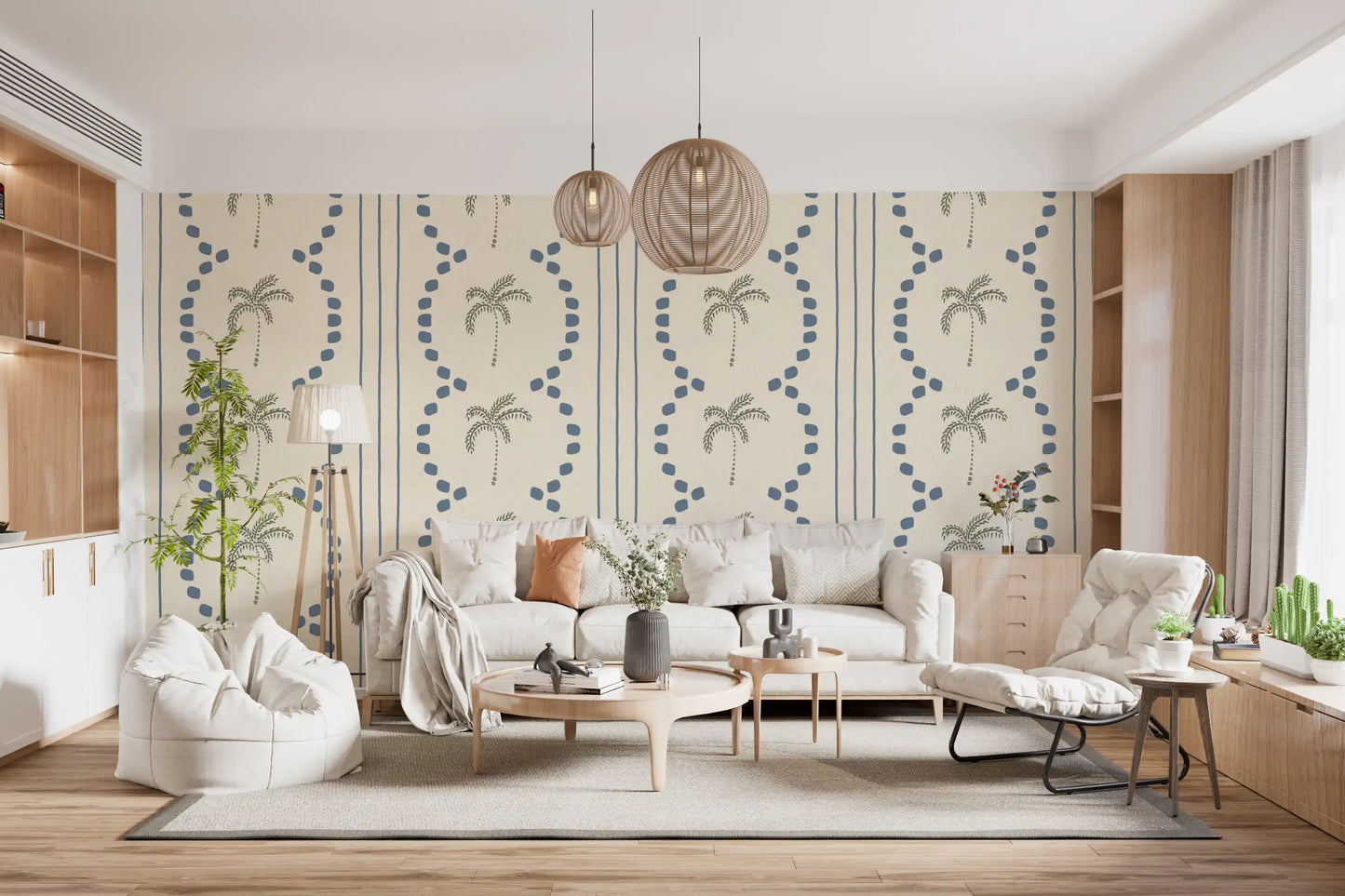 Papier peint rayures déco palmier tropical bleu ardoise