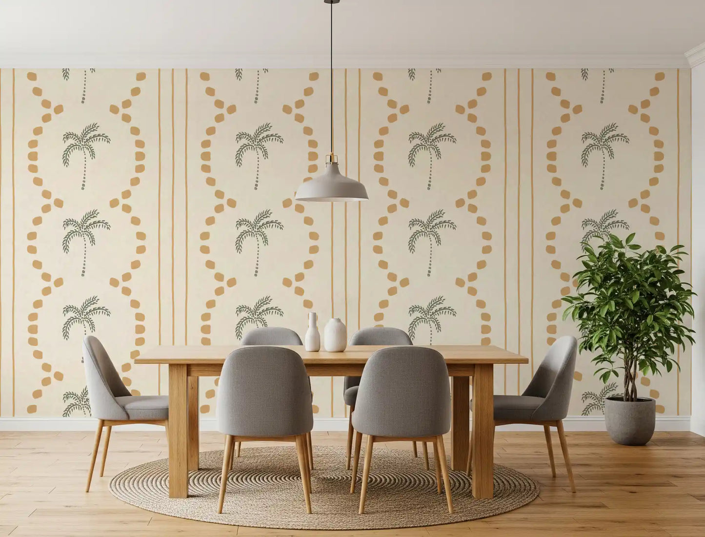 Papel Tapiz de Rayas Decorativas con Palmeras Tropicales Arena