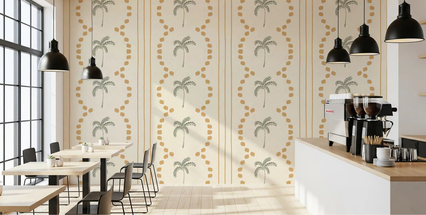 Papel Tapiz de Rayas Decorativas con Palmeras Tropicales Arena