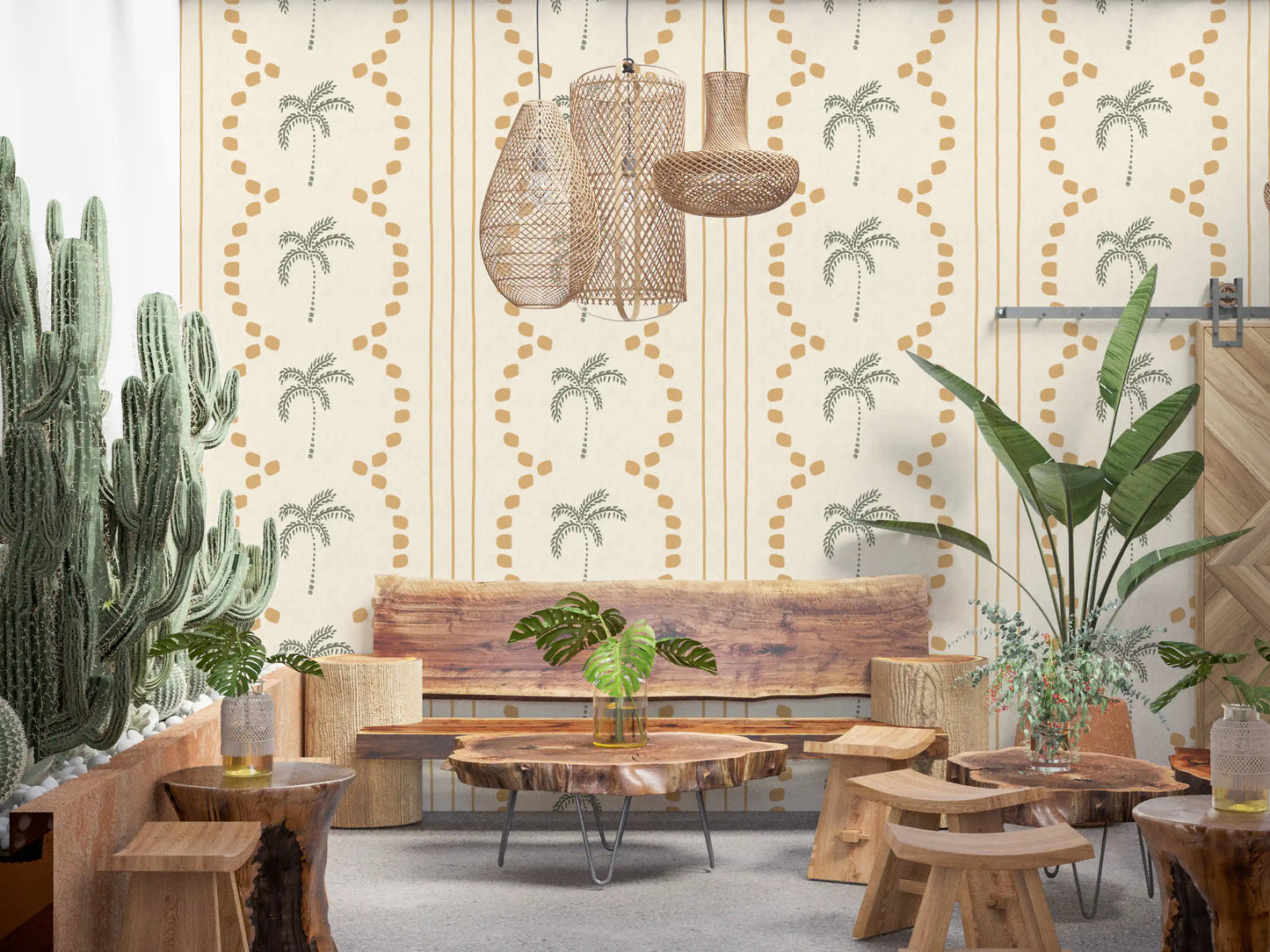 Papel Tapiz de Rayas Decorativas con Palmeras Tropicales Arena