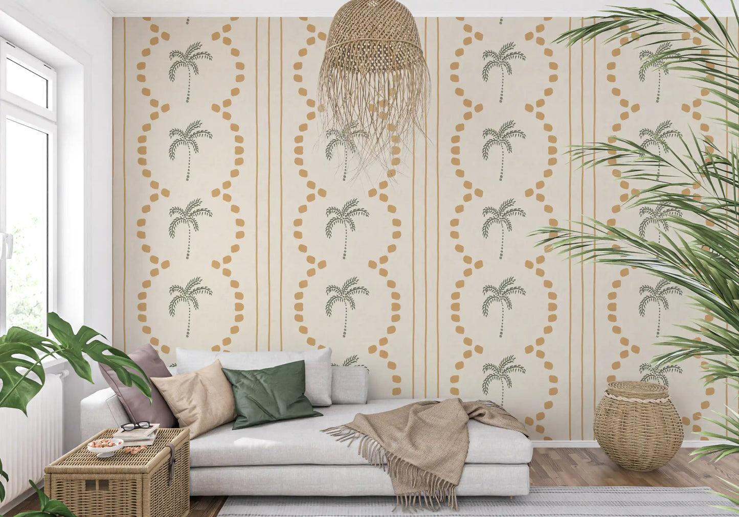 Papel Tapiz de Rayas Decorativas con Palmeras Tropicales Arena