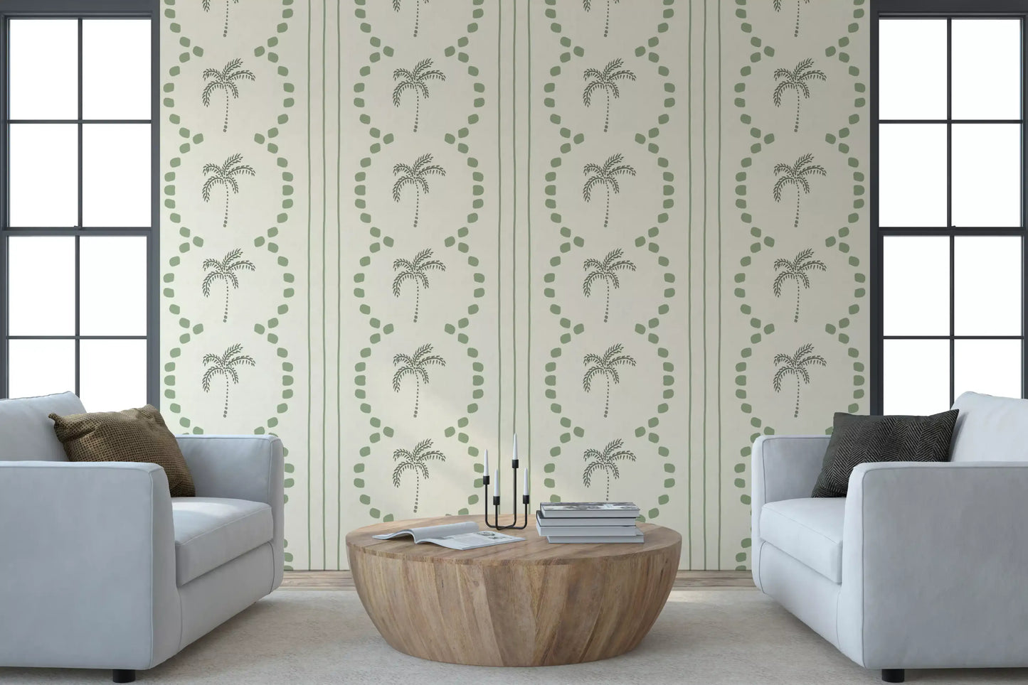 Tropiske Palme Deco Striber Coastal Grøn Tapet⁠