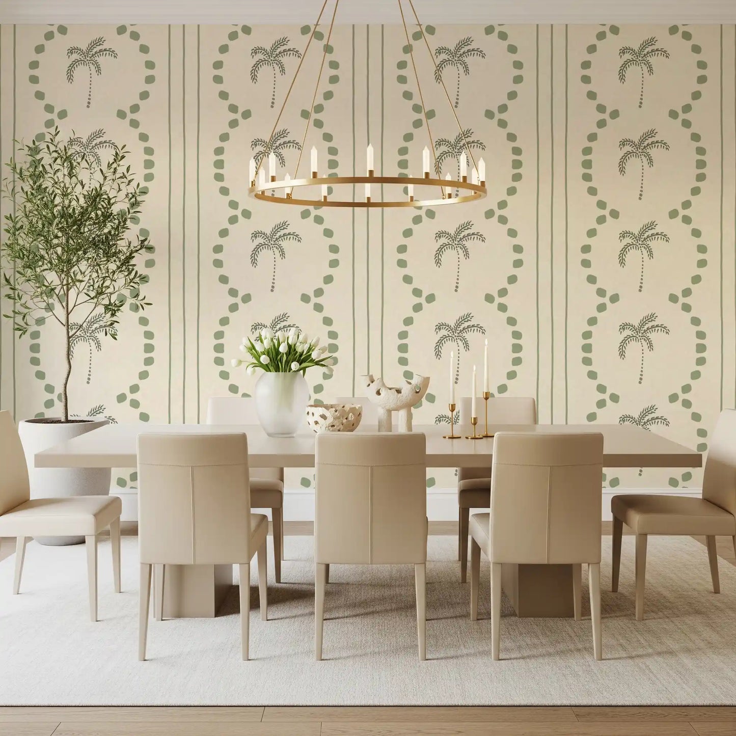 Tropiske Palme Deco Striber Coastal Grøn Tapet⁠