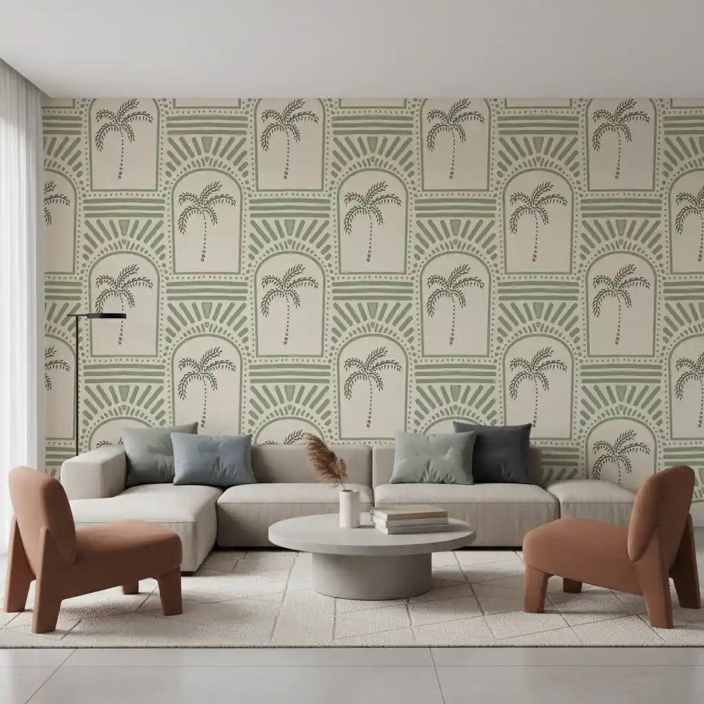 Tropical Palm Art Deco Archways Costal Green Wallpaper⁠