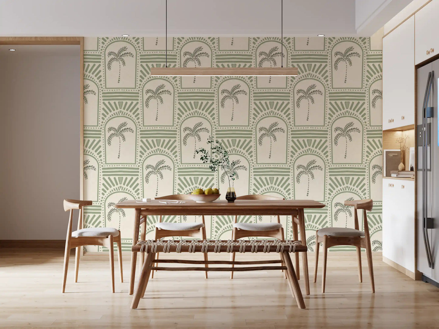 Tropical Palm Art Deco Archways Costal Green Wallpaper⁠