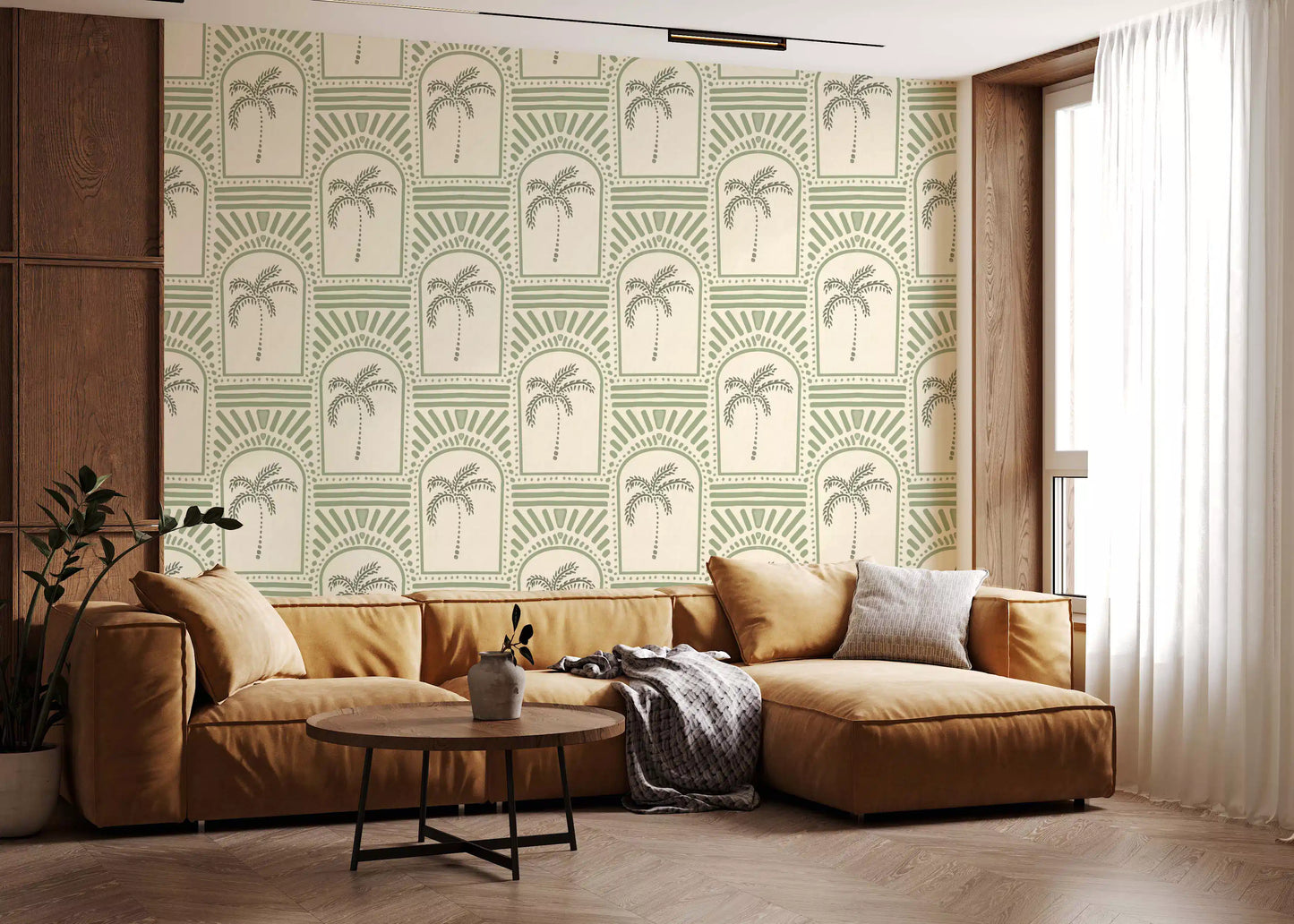 Tropical Palm Art Deco Archways Costal Green Wallpaper⁠