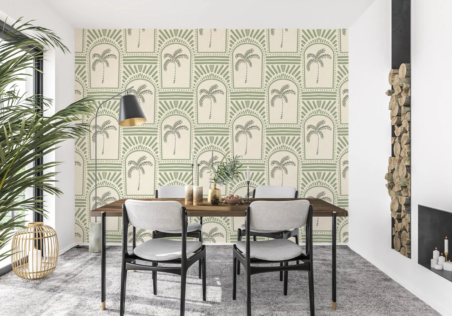 Tropical Palm Art Deco Archways Costal Green Wallpaper⁠
