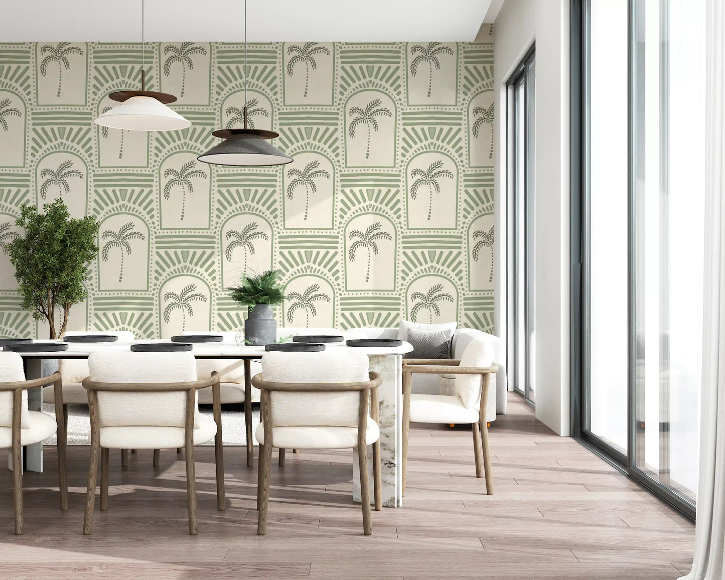 Tropical Palm Art Deco Archways Costal Green Wallpaper⁠